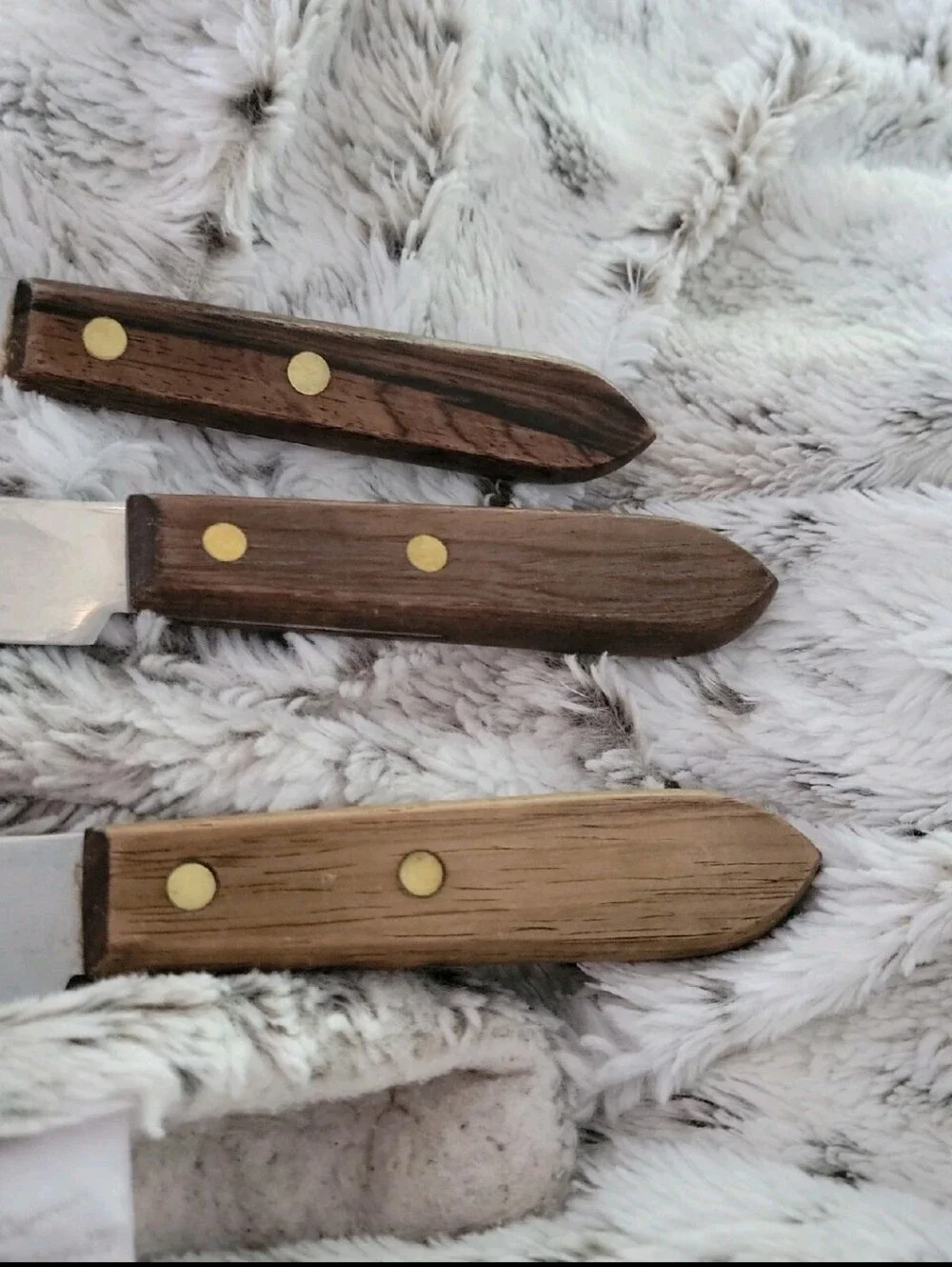 Vintage THREE Real Keen Stainless Butcher Knives Wood Handles